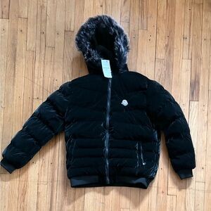 Moncler Black Puffer Jacket with Faux Fur Hood